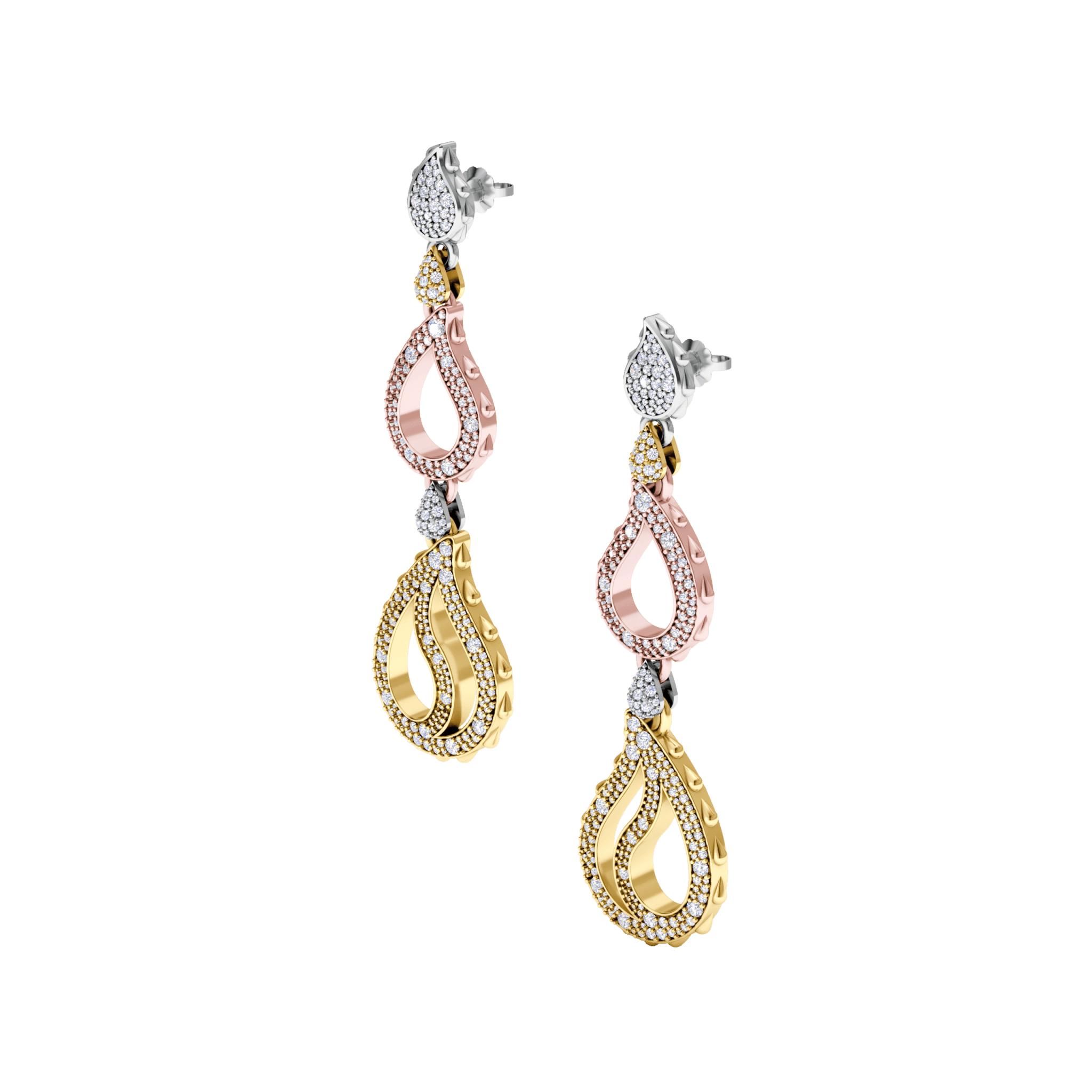 High Pave Royal Trio Dangles in 18K Tricolor Gold