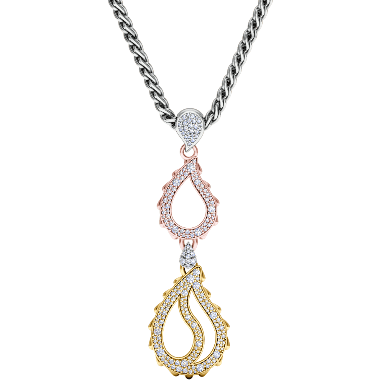 High Pave Royal Duo Pendant in 18K Tricolor Gold